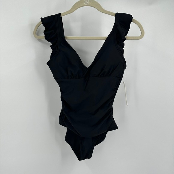 DKNY Minimalist Chic Womens Swimsuit Size XS Black One Piece Ruched Bathing Suit - Picture 1 of 8